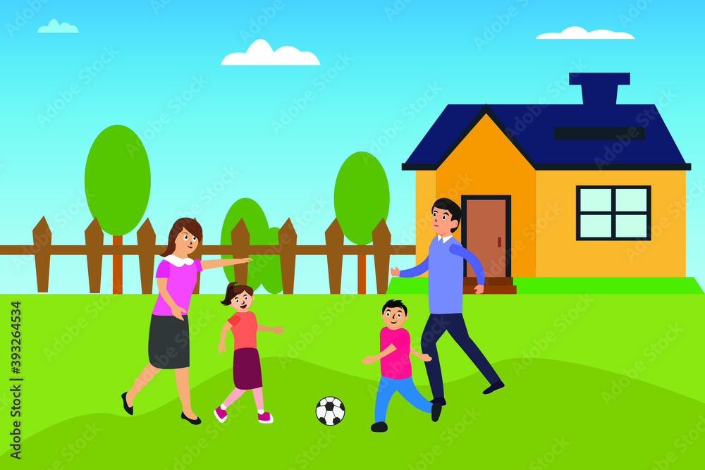 Leisure time vector concept: Young parents and cute children playing football together while enjoying leisure time