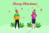 Christmas vector concept: Young couple in face mask singing christmas carol together while playing guitar during corona virus pandemic