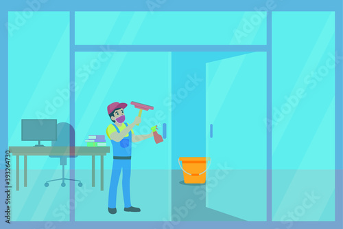 Janitor vector concept: Cleaning service wearing face mask while cleaning the door glass with a wiper in the office during corona virus pandemic