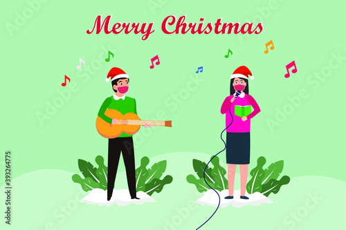 Christmas vector concept: Young couple in face mask singing christmas carol together while playing guitar during corona virus pandemic