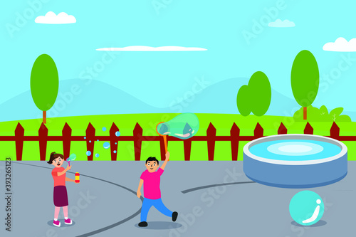 Leisure time vector concept: Happy children playing bubble soap together while enjoying leisure time