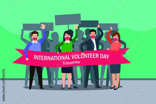 International volunteer day vector concept: Group of protester in face mask holding a banner with International Volunteer Day text