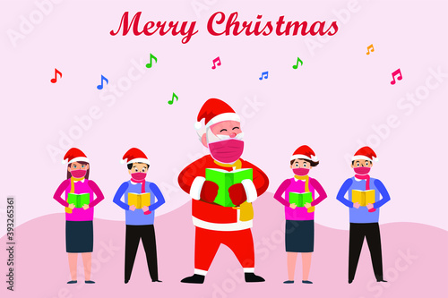 Christmas vector concept: Santa claus and children in face mask singing christmas carol