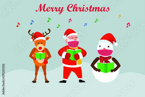 Christmas vector concept: Santa claus with his reindeer and snowman singing christmas carol together while wearing face mask
