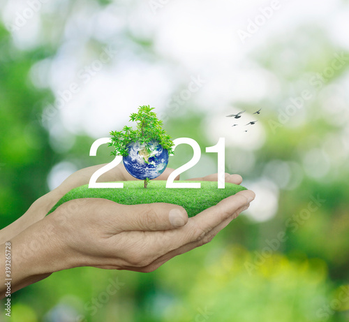 Fototapeta Naklejka Na Ścianę i Meble -  2021 white text with planet and tree on green grass field in man hands over blur green tree, Happy new year 2021 ecological cover, Save the earth concept, Elements of this image furnished by NASA