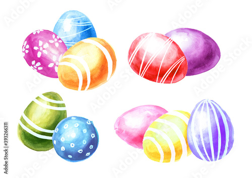 Easter colored eggs set Hand drawn watercolor illustration isolated on white background