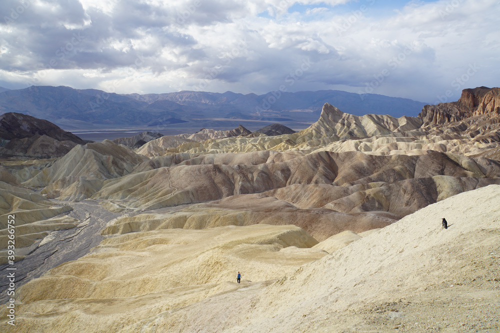 A crow and a hiker in the distance, exploring the badlands terrain, as seen from Zabriskie Point in Death Valley National Park