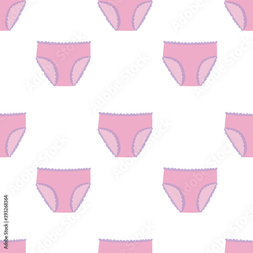 Stock vector graphics. Seamless pattern cute pink women's panties with lace, illustration isolated on white background.