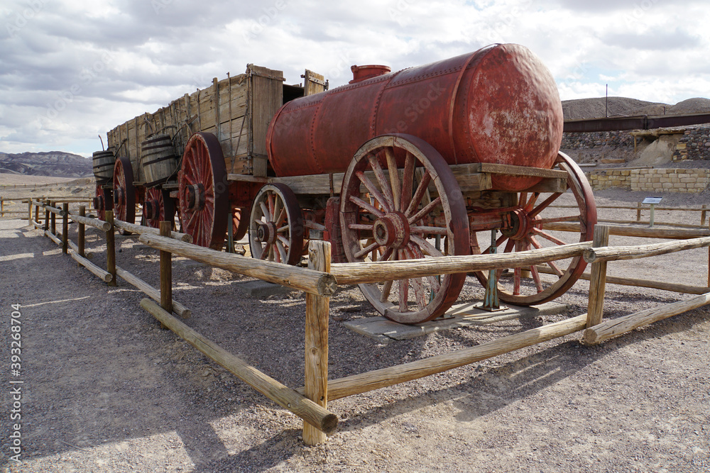 Scenic view of the wagon at Harmony Borax Works in Death Valley National Park, on a stormy and cloudy day      
