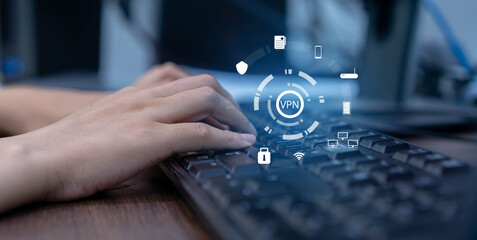 close up on man hand type password on keyboard computer desktop to access VPN mode during use internet data telecommunication with interface icon for future network communication technology concept	
