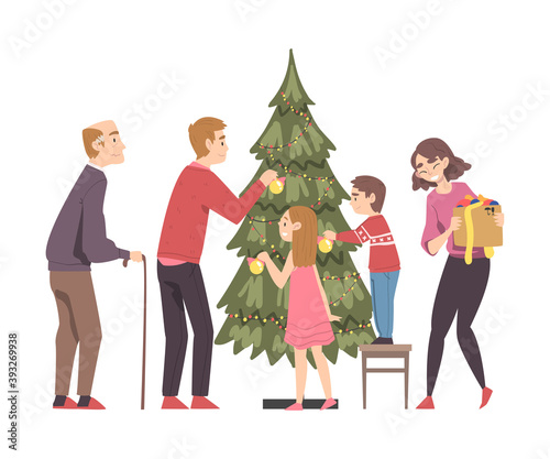 Big Happy Family Decorating Christmas Tree with Baubles, Parents,Kids and Grandfather Preparing for Holiday Celebration, Merry Xmas and New Year Vector Illustration