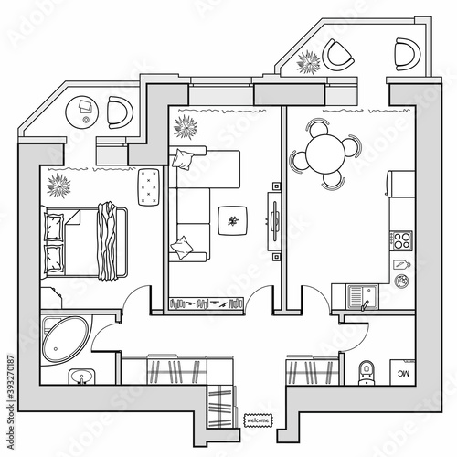 Architectural plan view from above. Apartment with kitchen and bedroom. Floor plan with furniture placement, top view. The interior design project. Vector.