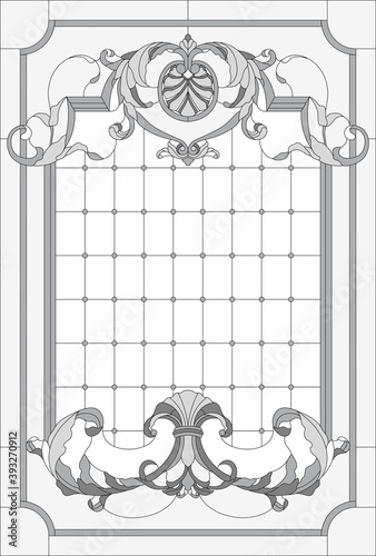 Stained-glass panel in a rectangular frame, abstract floral arrangement of buds and leaves in the art Nouveau style. Decorative design of the window or door. Vector illustration