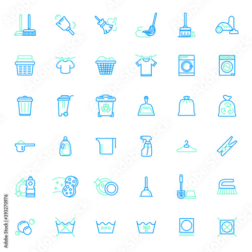 Set of housework and household chores colored line style Icons. Contains such Icons as cleaning, vacuum, laundry, wash, washing machine, waste, garbage, trash, wastebasket And Other Elements. 