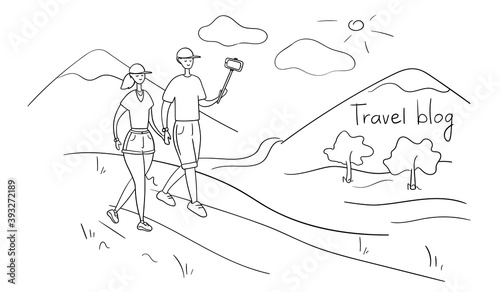 Lifestyle blog. Travel bloggers shoot video on smartphone. Influencers take selfies for blog posts on social media. Vloggers broadcasting vlog from trip. Cartoon vector illustration