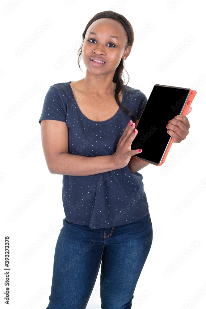 american african Woman holding digital tablet computer with isolated black screen in business Internet Technology concept american african Woman holding digital tablet computer with isolated black screen in business Internet Technology concept