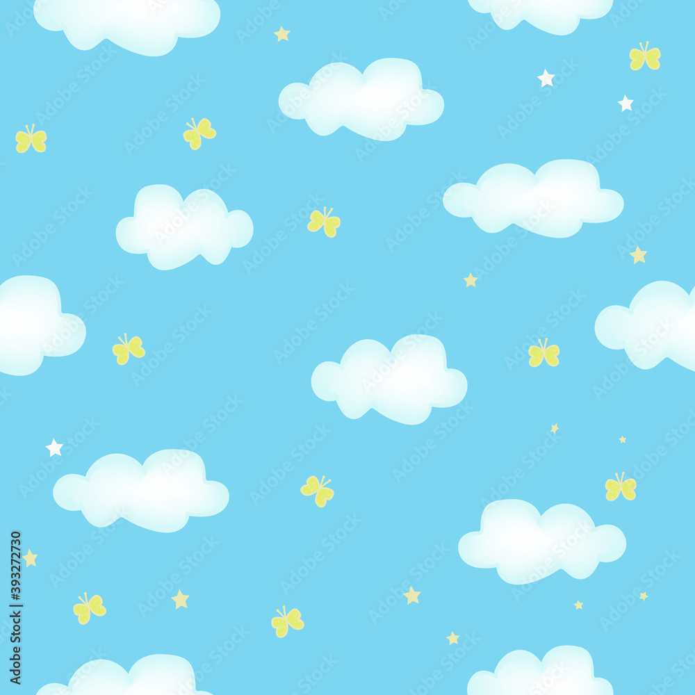 Seamless pattern with clouds and butterflies, blue background
