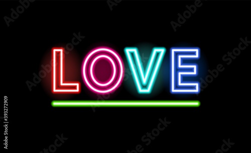 Love neon inscription on black background. Electric fluorescent sign. Outline...