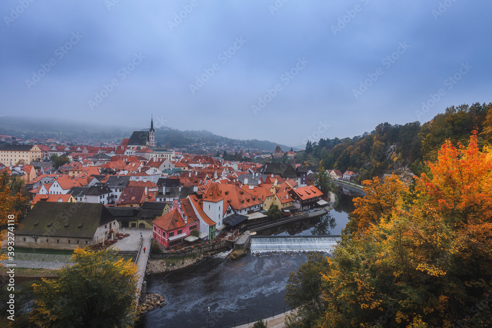 Panoramic scene of Cesky Krumlov Old Town on a cloudy day in autumn Panoramic scene of Cesky Krumlov Old Town on a cloudy day in autumn