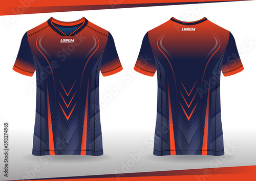 Soccer jersey mockup. t-shirt sport design template, uniform front and back view. orange dark blue color