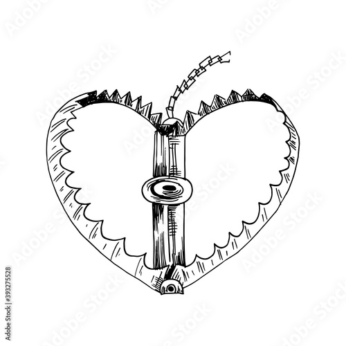 Heart-shaped trap. Hand-drawn sketch. Black and white, vector illustration