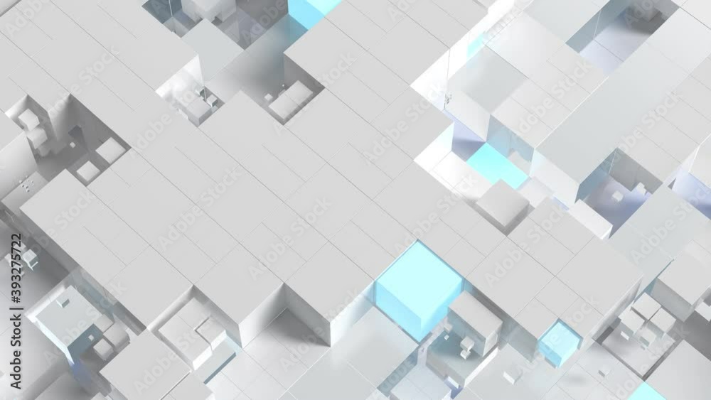 3d render of white and blue glow cubes in a random pattern grid. Bright technology background. Different sizes.