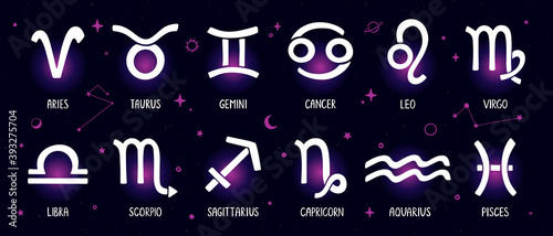 Bright zodiac symbols set. Collection of highlight story covers for social media. Shining astrology signs. Horoscope or prediction design. Vector hand drawn illustration