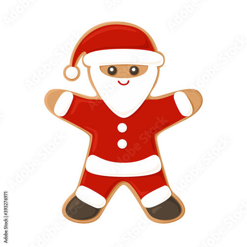 Gingerbread man santa claus isolated on white background. Vector illustration of Christmas cookies decorated with sugar icing. Cartoon flat style.