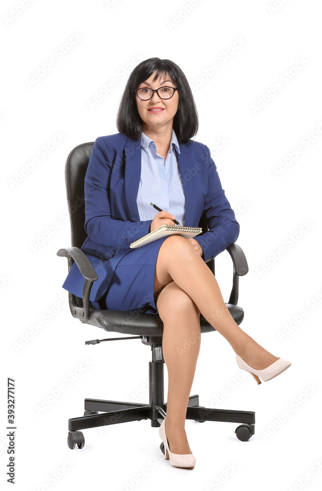Portrait of female psychologist sitting in armchair on white background Portrait of female psychologist sitting in armchair on white background