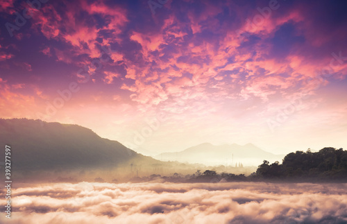 Celestial mountain landscape and dramatic sky sunrise background. Kaeng Kra Chan Dam view point in National Park  Phetchaburi Province  Thailand  Asia