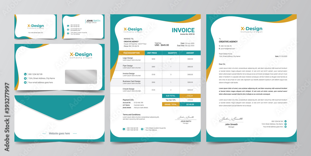 Corporate business branding identity, Stationery design, Letterhead, Business card, Invoice, Envelope design