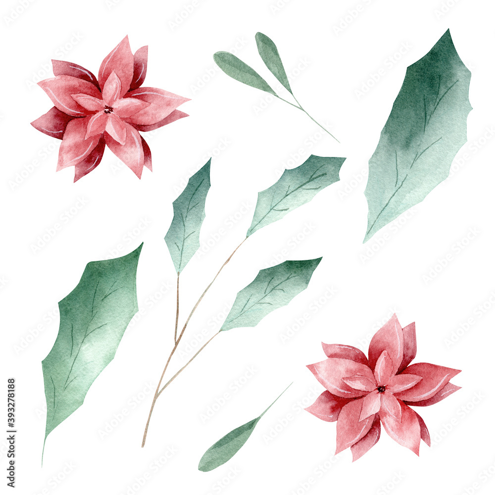 Watercolor green leaves and red flowers isolated on white background.