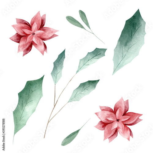 Obraz na płótnie Watercolor green leaves and red flowers isolated on white background. w salonie