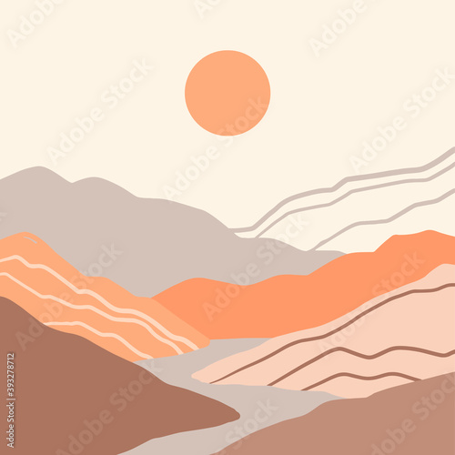 Aesthetic landscape with mountains. Boho wall decor. Minimalist poster. Hand drawn vector illustration. Mid century art print. Earth tones.