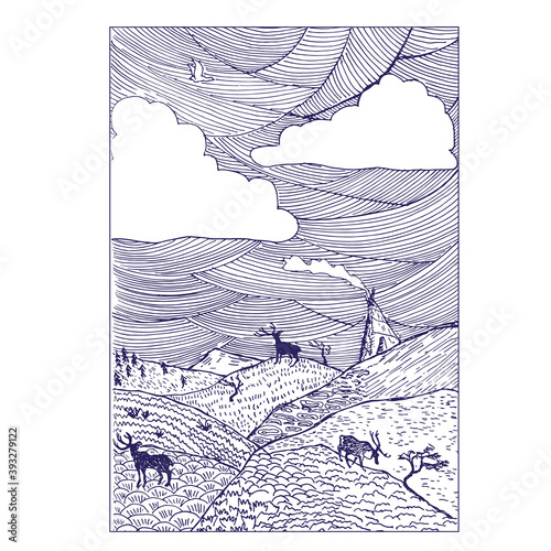 Sketch of reindeer walking on nordic mountains landscape, hand drawn vector illustration. Black lines on white wild nature, forest.