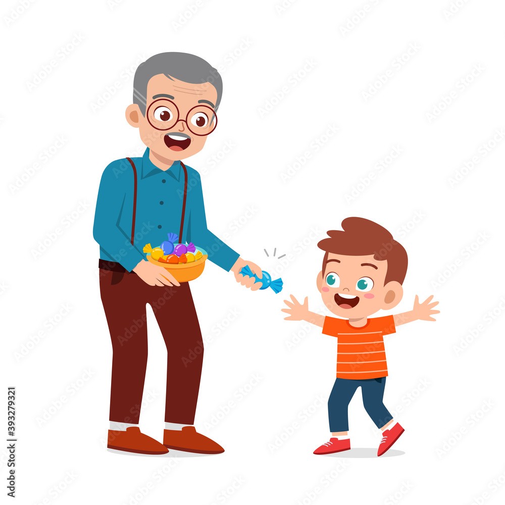 happy grandparent give food and candy to grandchildren