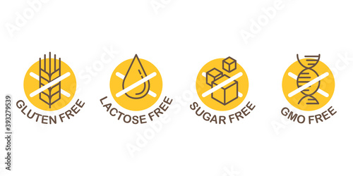 Lactose free stamp, Sugar free, Gluten free, GMO free - set of food packaging decoration element for healthy natural organic nutrition