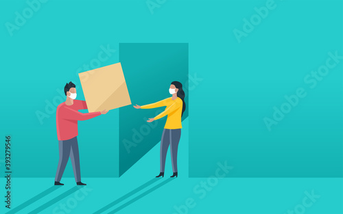 Home quarantine delivery concept - couirer stands at the door and brings a parcel to happy womanin face mask - vector illustration