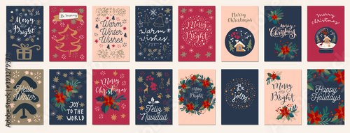 Merry Christmas and Happy Holidays vintage hand drawn greeting cards, gift tags, postcards, posters. Calligraphic typography artwork illustration