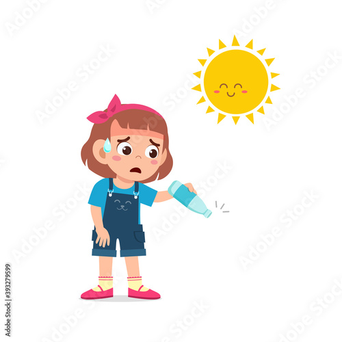 happy cute kid boy and girl feels so thirsty because of hot weather at summer season