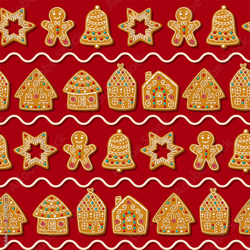Seamless vector pattern with cute gingerbread man, star, houses. Christmas cookies on a red background.