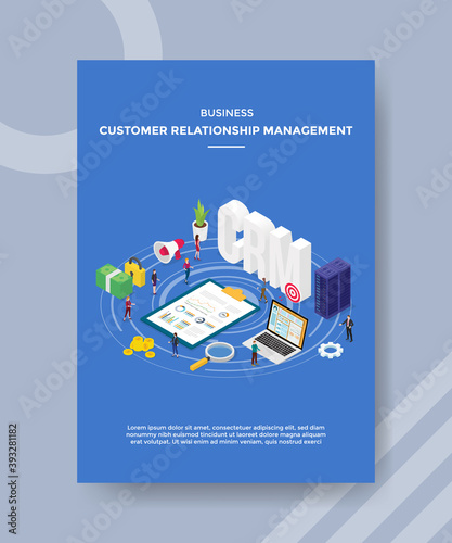 business relationship management people standing around document data statistic laptop server CRM text for template of banner and flyer for printing magazine cover