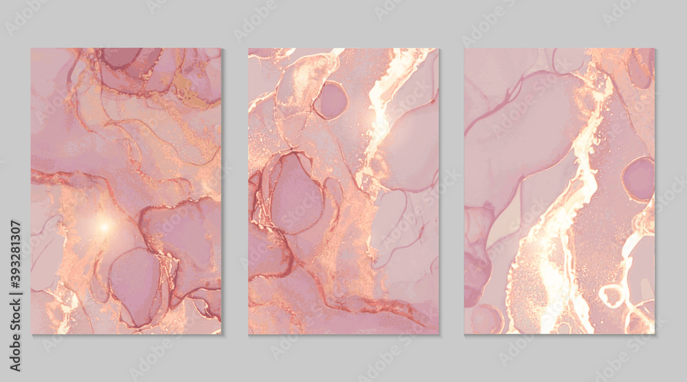 Pink, yellow and gold marble abstract background set. Alcohol ink technique vector stone textures. Modern paint with glitter. Template for banner, poster design. Fluid art painting