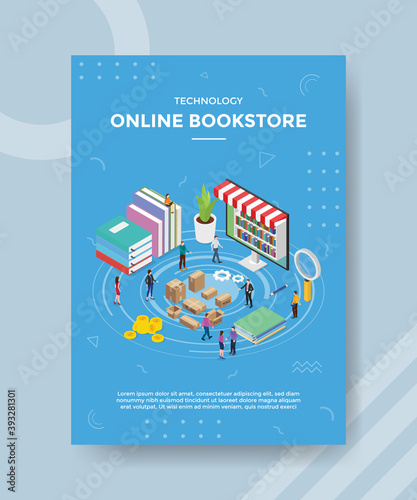 technology online bookstore people standing near book laptop for template of banner and flyer for printing magazine cover and poster