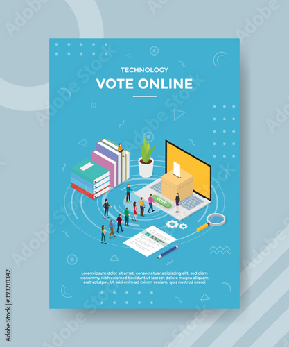 technology vote people waiting in line vote in laptop online people for template of banner and flyer for printing magazine cover