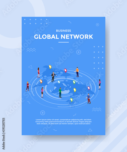 business global network people standing n map world for template of banner and flyer for printing magazine cover and poster