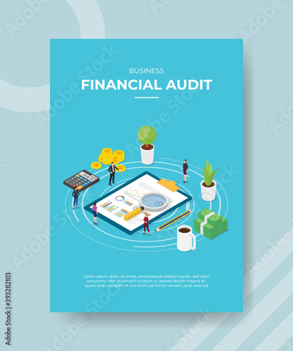 business financial audit people standing analyzing around document data statistic finance for template of banner and flyer for printing magazine