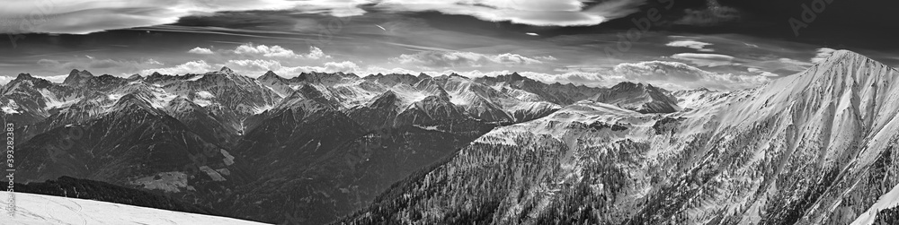 Black and white panorama of the Alps in Tyrol with view over the valley of the Inn in the ski-region of Serfaus, Tyrol, Austria.