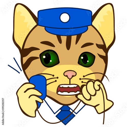 emoji with cat security or surveillance watchman, train station dispatcher or traffic controller in uniform, white collar shirt and a tie shouting into a loudspeaker while squeezing cord in anger