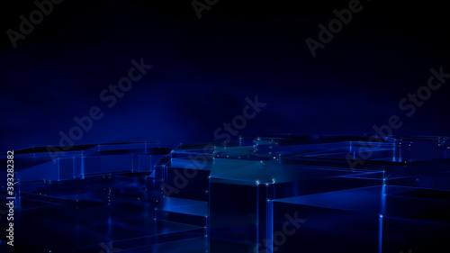 Futuristic, High Tech, blue platform background, with network lines conveying a connectivity concept. 3D render